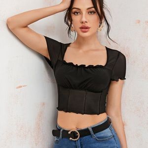 Lettuce trim ruched busy mesh top